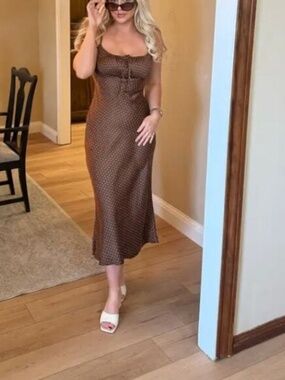 Ciao Lucia Brown Satin Polka Dot Midi Dress